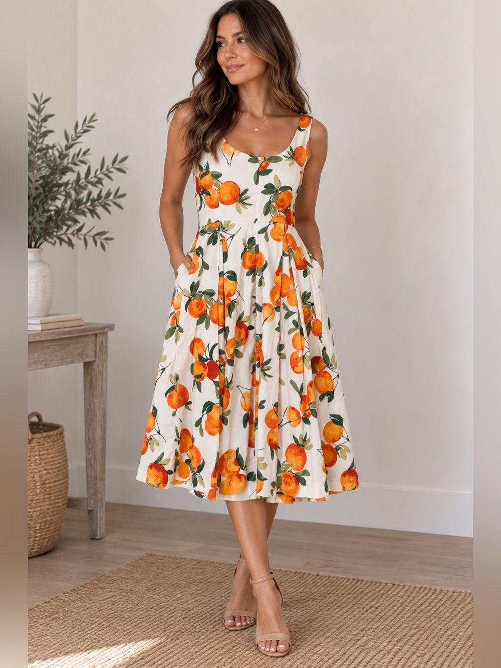 Cietta B Size 6 Orange Citrus Print Fit & Flare Midi Dress
